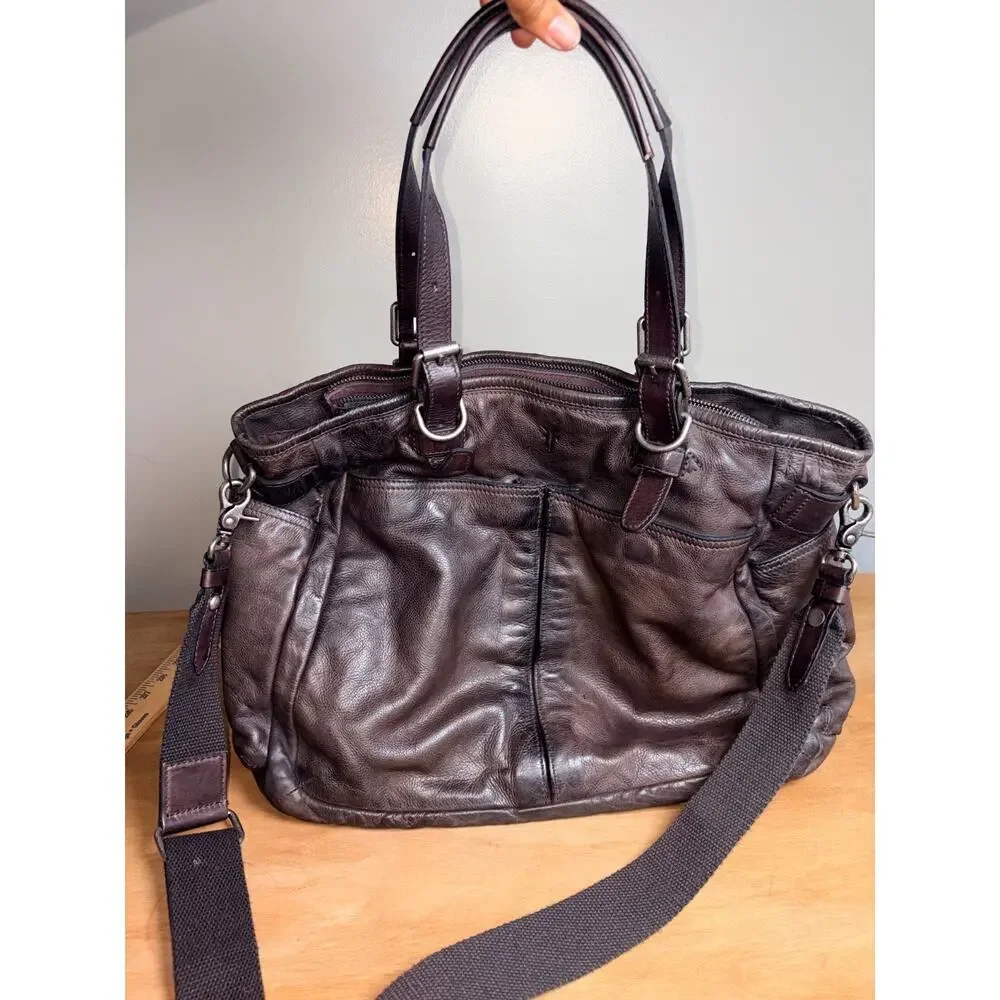 Frye Dark Brown Leather Large Murray Tote Bag Detachable Strap
